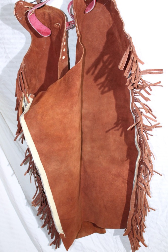 Riding Chaps Red Leather w/Fringe Size Med Thigh 23” (More Size in descrp)