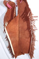 Riding Chaps Red Leather w/Fringe Size Med Thigh 23” (More Size in descrp)