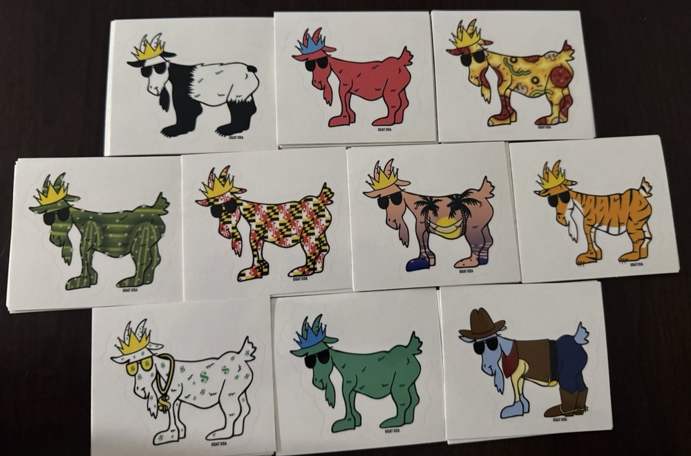 Goat USA Lot 10 Stickers Panda Pink Pizza MD Cactus Lazy Tiger $ Bags Cowboy +