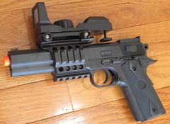 Airsoft Spring Pistol COLT M1914 Style W/Red Dot Scope, Rail System 230 FPS