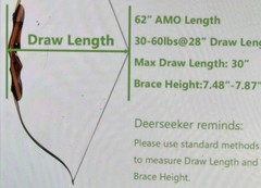 Deerseeker 62 inch recurve bow 30-60 pound drawl weight