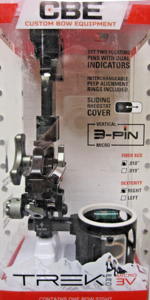 CBE TREK PRO 3V VERTICAL 3 PIN BOW SIGHT w/ LIGHT .010″ RH-NEW