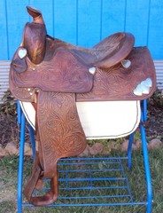 SIMCO Western Show / Parade Saddle- 15″ -SILVER HEARTS- Tooled Design -STUNNING!