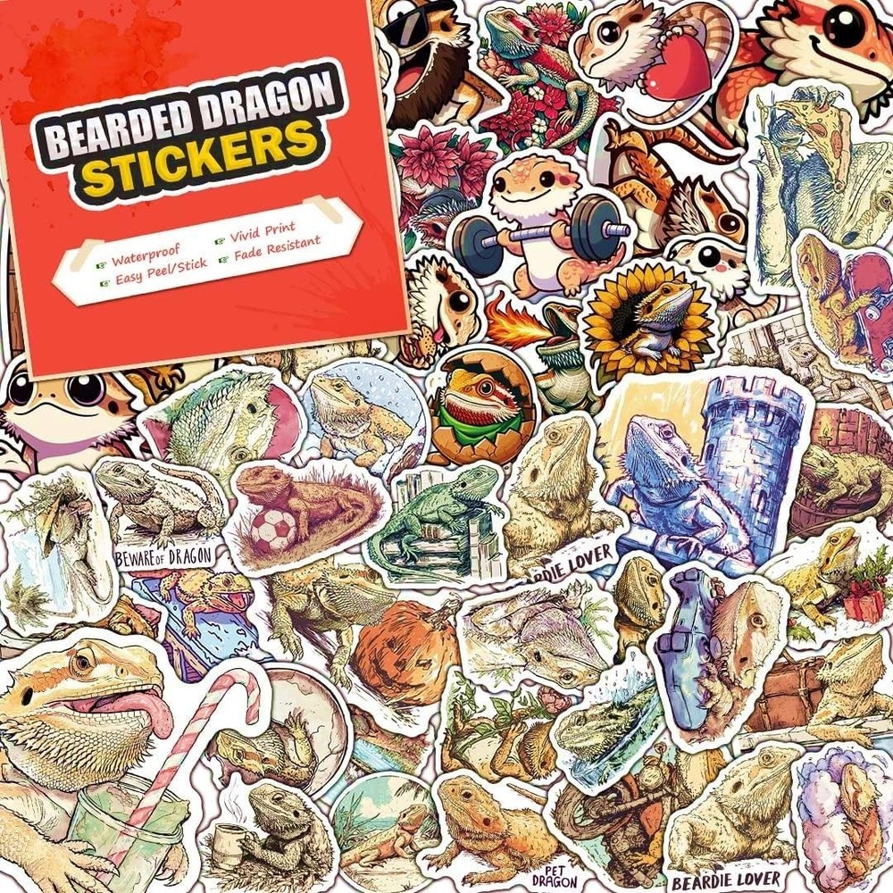 100 Pack Bearded Dragon Stickers (Large Size), Bearded Dragon Graphic Decal S…