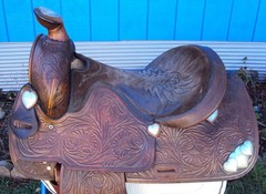 SIMCO Western Show / Parade Saddle- 15″ -SILVER HEARTS- Tooled Design -STUNNING!