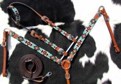Turquoise and Orange Beaded Aztec One Ear Headstall & Breast Collar & Rein NEW