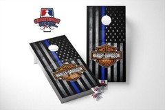 American Flag Black and White Thin Blue Line Bike Cornhole Board Vinyl Wrap Set