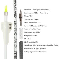12pcs 3K Pure Carbon Arrows 32″ Shaft SP250-400 Archery Bow Shooting DIY .003″