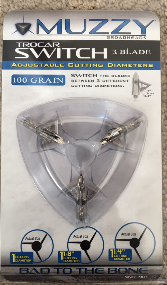 Muzzy Trocar Switch Adjustable Cutting Diameter 3 Blade 100 Grain NEW IN PACK