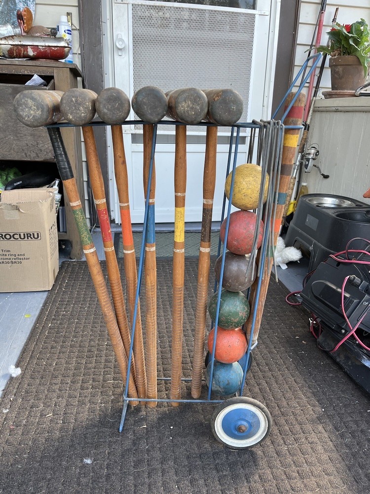 Vintage WOOD CROQUET SET w CADDY metal carrier stand rack rolling lawn game 60s