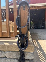 Halter Ego Black Dressage Gray Croc nose band with blue piping and crystal brow