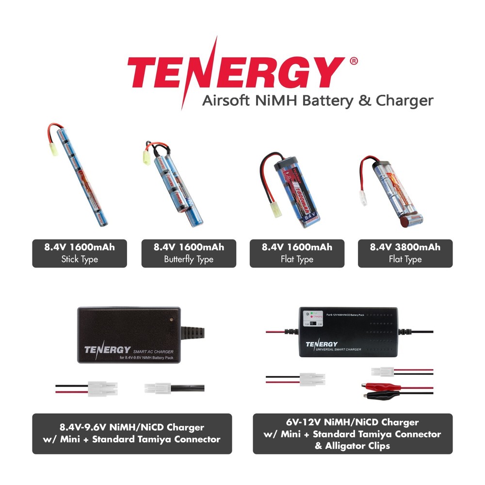 Tenergy 8.4V NiMH Airsoft 1600mAh & 3800mAh Battery Pack with Charger Option Lot
