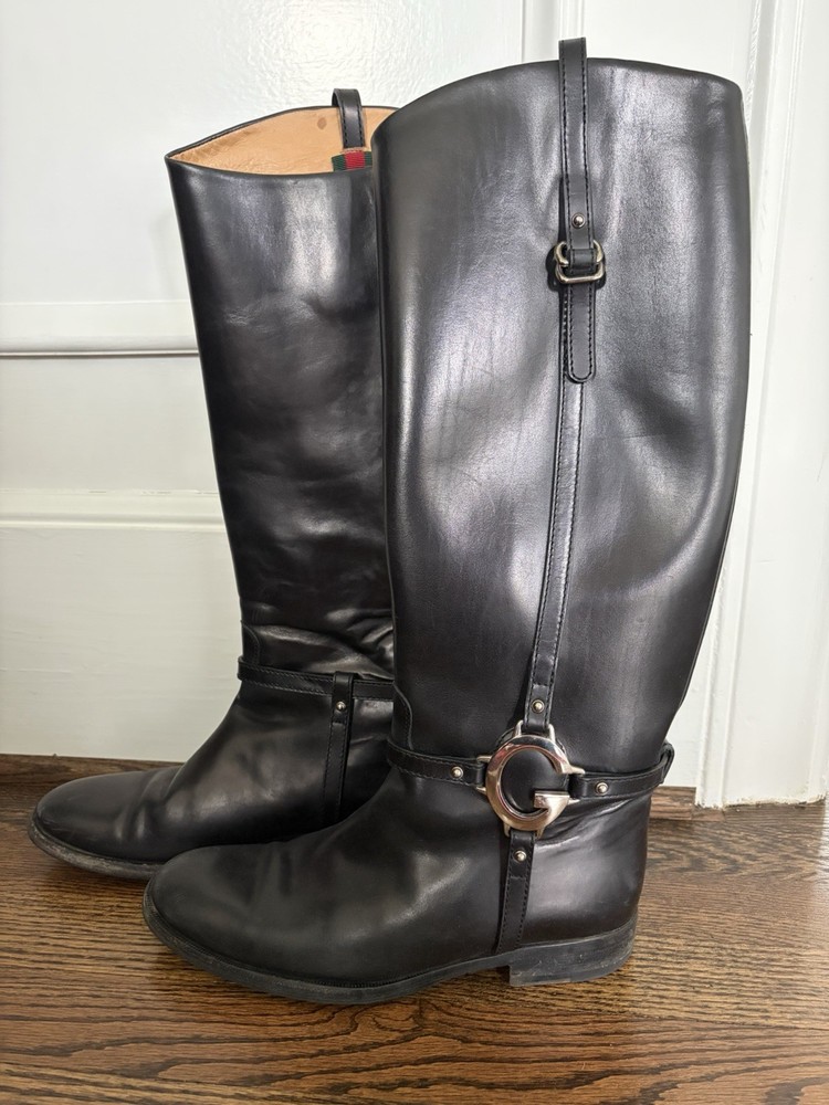 Gucci Black Leather Tall Riding Boots Equestrian Style Women’s US 7.5 MPN 246703