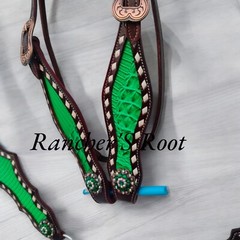 Western Leather Tack Set For Horse | Green Gator With V Shape Tack Set