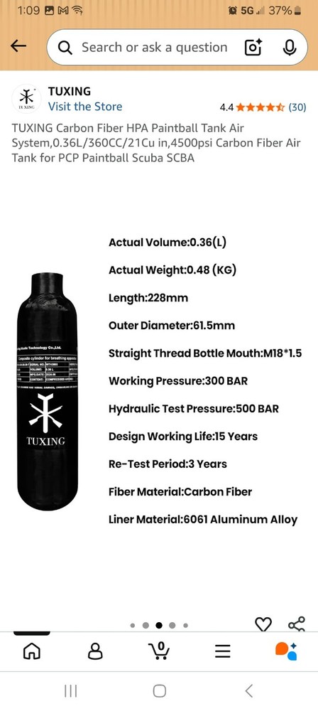 TUXING Carbon Fiber HPA Paintball Tank Air System,0.36L/360CC/21Cu in,4500psi…