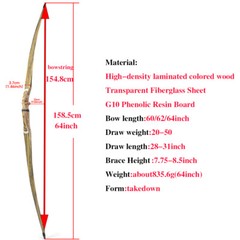 Archery Longbow Takedown Wooden 20-50lbs 60” 62″ 64″ Traditional Bow RH LH Hunt