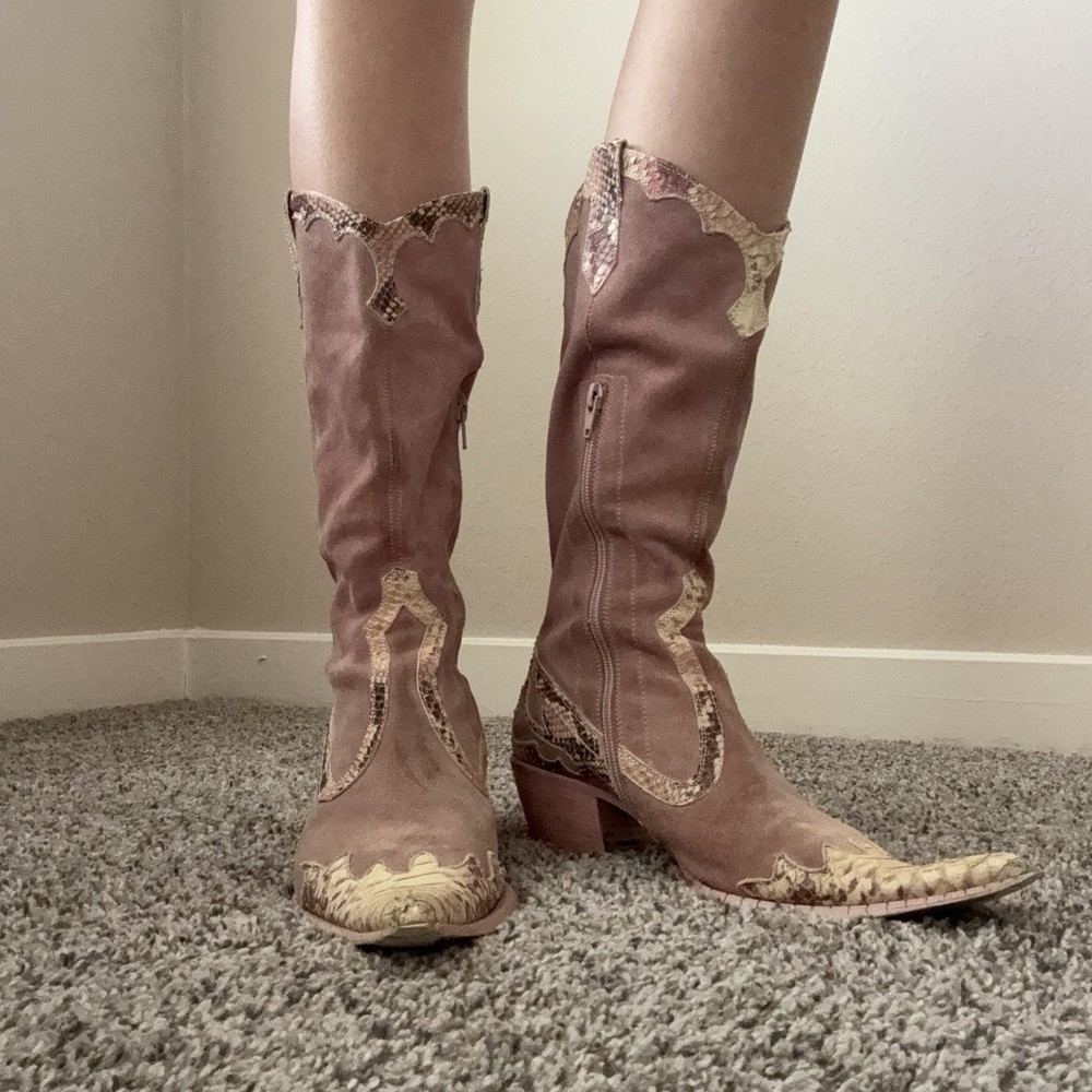 Women’s Tall Western Cowgirl Boots Zip Pointed Toe Snakeskin Trim Stitching