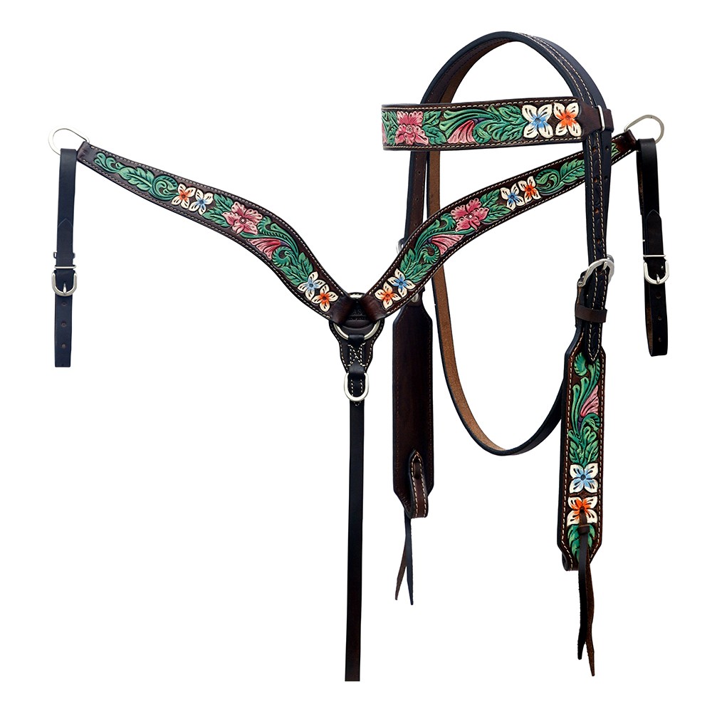 Western Headstall and Breast Collar Set HILASON Tooled Leather Horse Bridle Tack