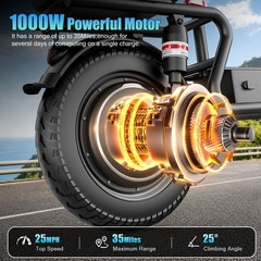Electric Scooter with Seat Peak 1500W Motor Up to 25MPH 45 Miles 14″ for Adults
