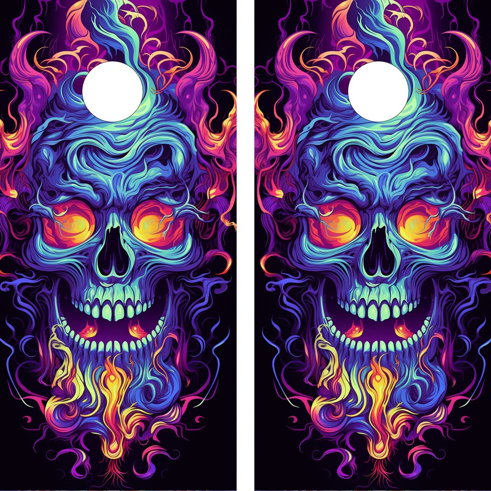 WATERPROOF & NON-FADING – Flaming Skull – Cornhole Board Wraps / Skins