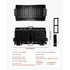Group 24/ 27 Trolling Motor Battery Box, 12V/ 24V Marine Case with Straps