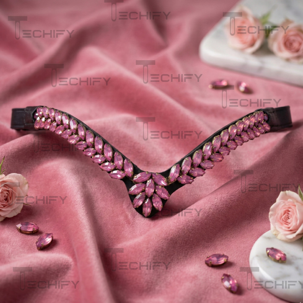 Black Leather Horse Browband Pink Crystal V Shape English Bridle Headstall