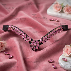 Black Leather Horse Browband Pink Crystal V Shape English Bridle Headstall