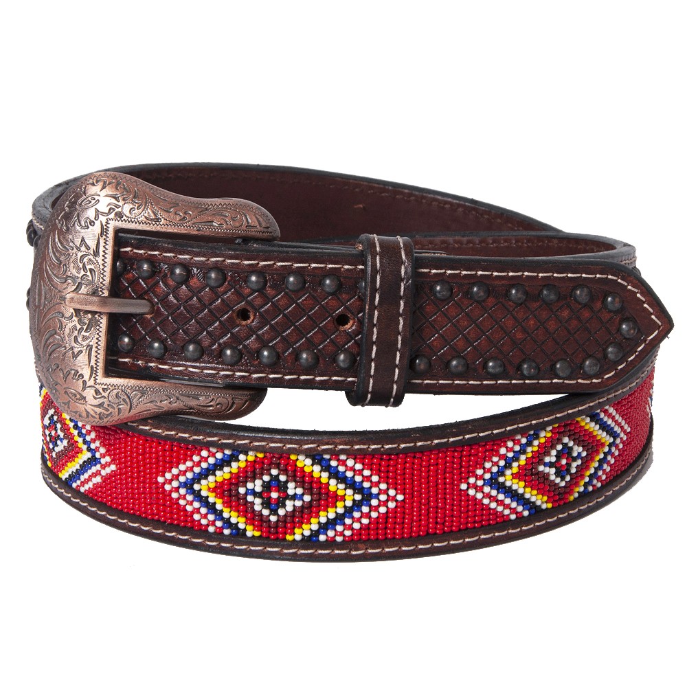 BE BAR H EQUINE Red Beaded Black Crystal Hand Carved Western Leather Belt