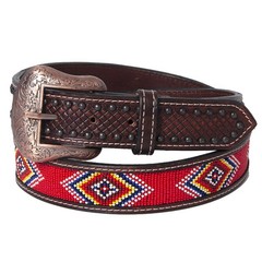 BE BAR H EQUINE Red Beaded Black Crystal Hand Carved Western Leather Belt