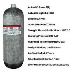 TUXING 4500Psi/300Bar Pcp Air Tank 9L Carbon Fiber HPA Tank with Luminous valve
