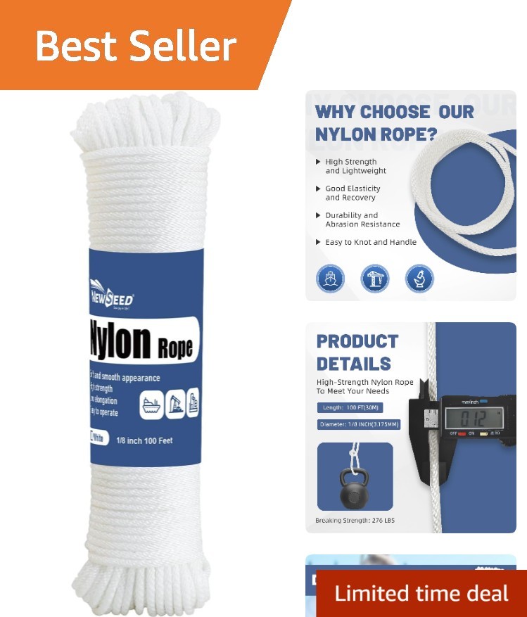 Strong 100 Ft White Nylon Rope – 1/8 Inch, Perfect for Crafts, Camping, and More