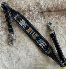 Tooled Top Grain Black Leather Beaded Western Wither Strap Navajo Design