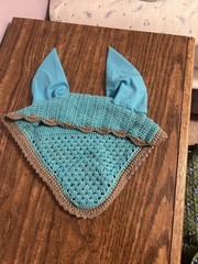 LeMieux Fly Hood Ear Bonnet Crochet Fly Hood Blue with Tan Trim