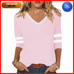 Zunqkg Womens 3/4 Sleeve V Neck Shirts Casual Striped Patchwork Pullover Loose