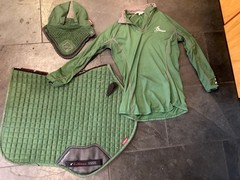 LeMieux Suede Saddle Pad , Ear Bonnet U.S. 4 Riding Shirt Set Hunter Green