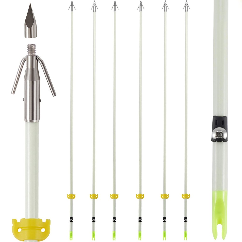 6 Pack 32 inch Bowfishing Arrows Luminous with Broadheads and Safty Slides Bo…