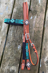 Western brow band headstall w/beaded overlay, copper conchos various colors