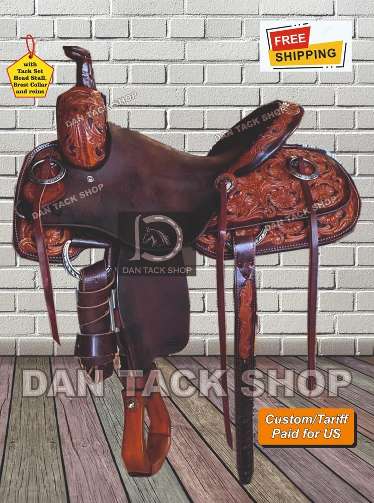Western Ranch Leather Horse Saddle with Tack Set Free shipping