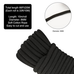 2 PCS Soft Black Cotton Rope 66Ft x 8mm Thick String Hanging Clothes Binding