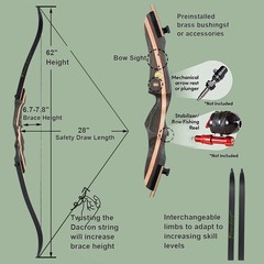 Archery 62″ Takedown Recurve Bow 20-50lbs Wooden Riser RH Hunting Carbon Arrows