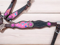 Western Horse Leather Tack Set | Pink Multicolor With Black Croco Tack Set