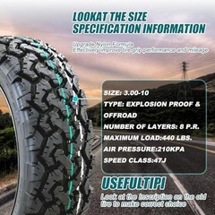 10 Inch Electric Scooter Tire, 8pr 3.00-10 Off-Road Tubeless Tire, 10in Non