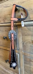 Western One-Ear Headstall, Hair On, Chestnut/Black/Turquoise W/Crystal Conchos