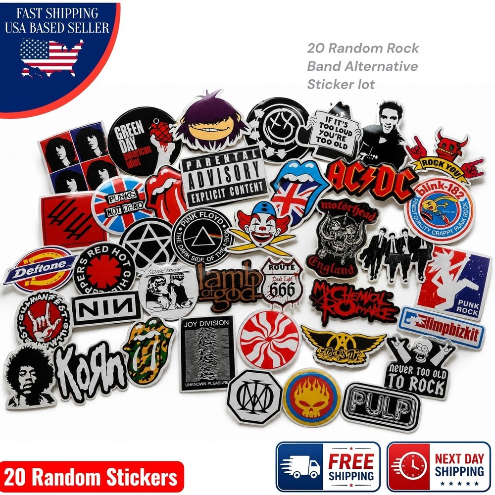 20 Random Rock Punk Band Stickers Waterproof Vinyl Decal Mix 0.75″ To 2.25″ Lot