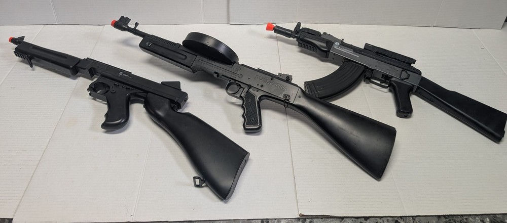 Lot 3 Used Airsoft Blaster BB SMG Pulse R15 Drum Mag Battery Black Orange Tip