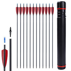 12/24pcs 30″ Carbon Archery Arrows Spine 500 Red Turkey Feather with Quiver Tube