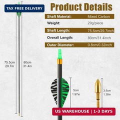 Carbon Arrows 31in for Hunting & Target Practice 350 Spine, 12 Pack with Removab