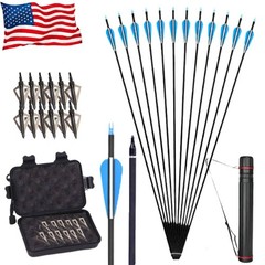 12/24pcs 31″/30″ Carbon Arrows Quiver 100 Grain 2 Blade Broadheads Hunting Shoot