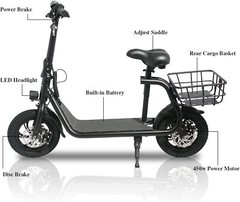 FOLDABLE ELECTRIC SCOOTER ADULT LONG RANGE E-SCOOTER WITH SEAT & CARRY BASKET