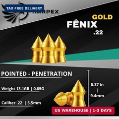 Harpex Airgun Pellets Fenix Gold .22 Caliber | .25 Caiber Pointed Head – Premium